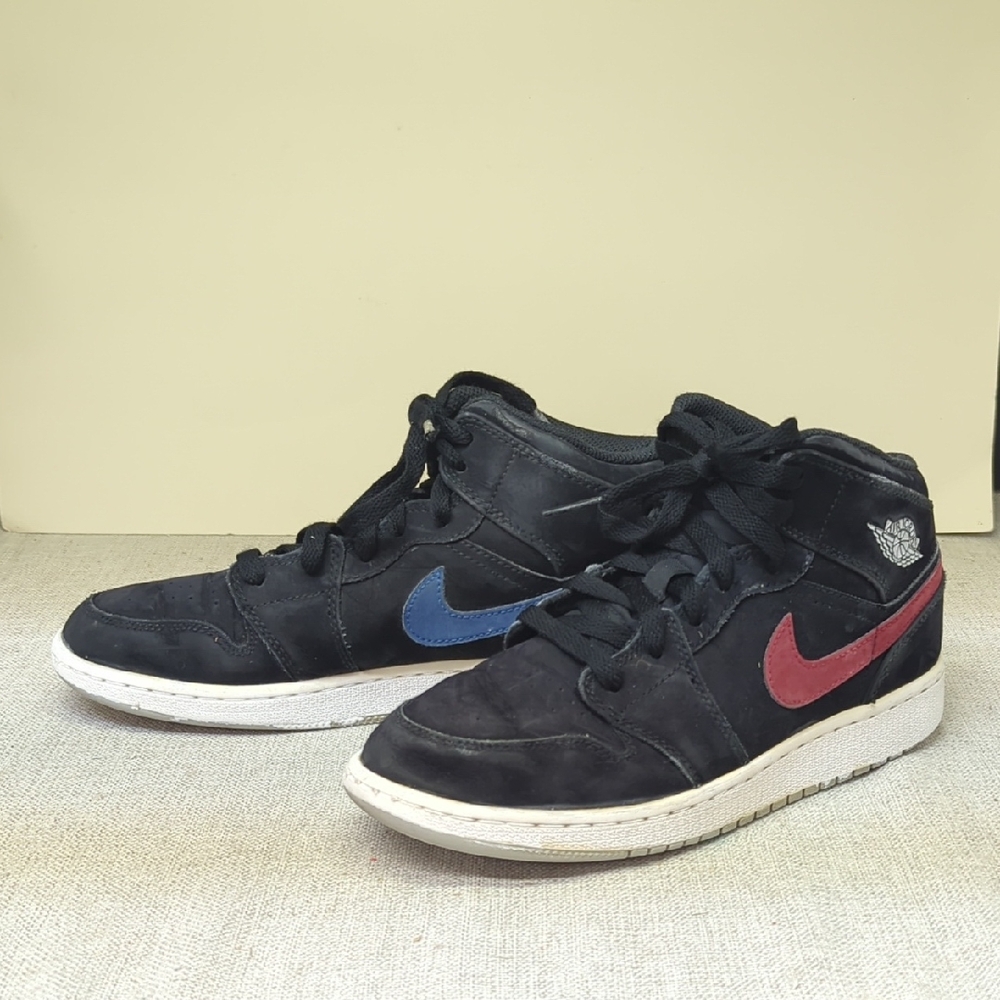Air Jordan 1 Mid "Multi-Color Swoosh" sneakers in black nubuck with one red/blue
